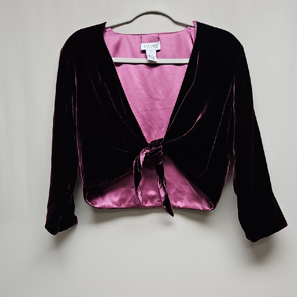 Allison Taylor Silk Blend Velvet Tie Front Crop Shrug Cardigan Top M Wine